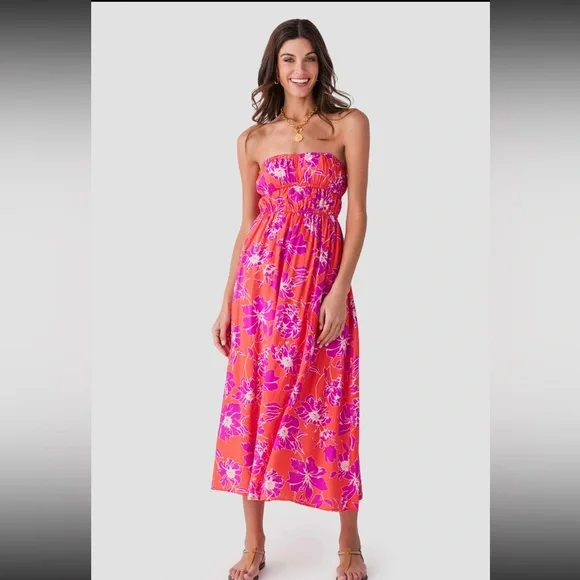 NWT By Together Maui Strapless Dress Orange Pink Floral Midi Small - Picture 1 of 7